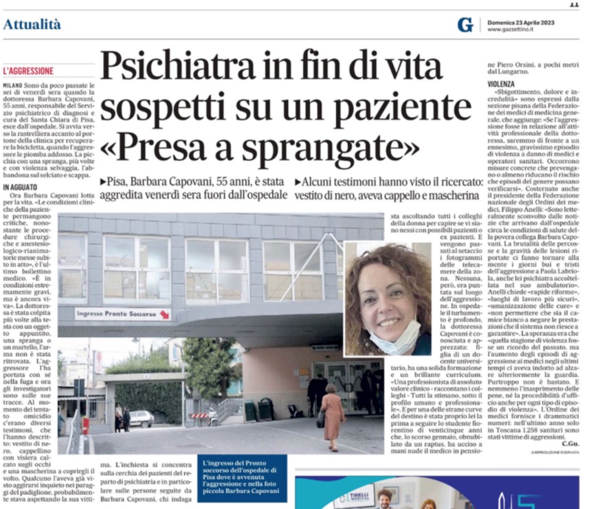 Clicca per accedere all'articolo Pisa: è gravissima la Dottoressa Barbara Capovani, 55 anni, aggredita a sprangate con violenza selvaggia alla fine del suo turno di lavoro in ospedale vicino alla sua bicicletta