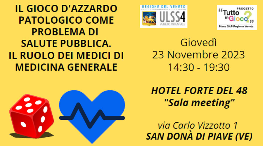 Clicca per accedere all'articolo Gioco patologico d'azzardo: un'occasione di formazione per i medici di famiglia - 23 Novembre 2023