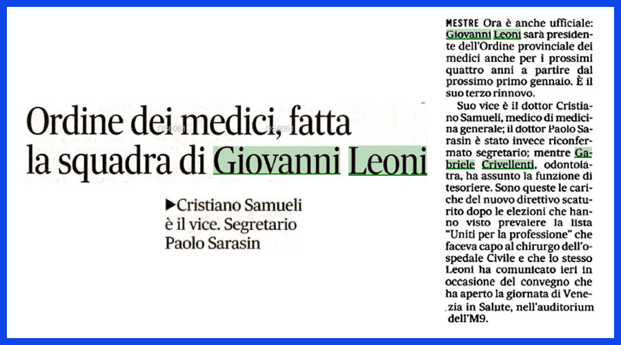 Clicca per accedere all'articolo Sul Gazzettino il nuovo Direttivo dell'Ordine: Leoni e Nicolin confermati presidenti, Samueli il vice