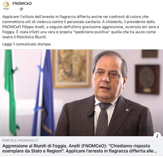 Clicca per accedere all'articolo Aggressione al Riuniti di Foggia, Anelli (FNOMCeO): «Chiediamo risposta esemplare da Stato e Regioni». Applicare l’arresto in flagranza differita alle aggressioni contro il personale sanitario