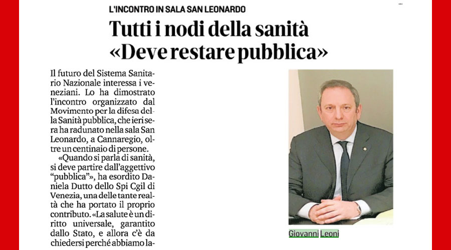 Clicca per accedere all'articolo Incontro sulla sanità pubblica a Venezia, Leoni: «Servono progettualità e risorse adeguati»