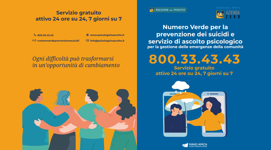 Clicca per accedere all'articolo Prevenzione suicidi e ascolto psicologico: il Numero Verde 800.33.43.43 della Regione Veneto