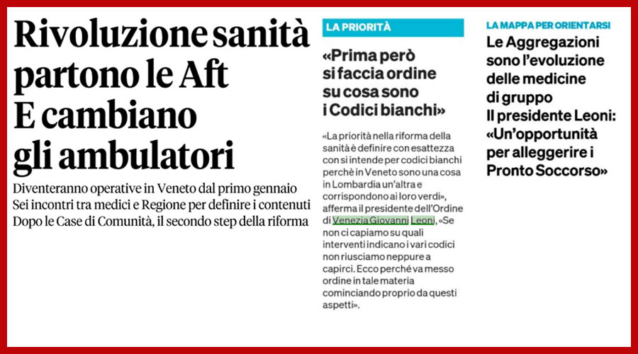 Clicca per accedere all'articolo Cure territoriali: in arrivo le AFT. Leoni: «Altra opportunità per alleggerire i Pronto Soccorso»