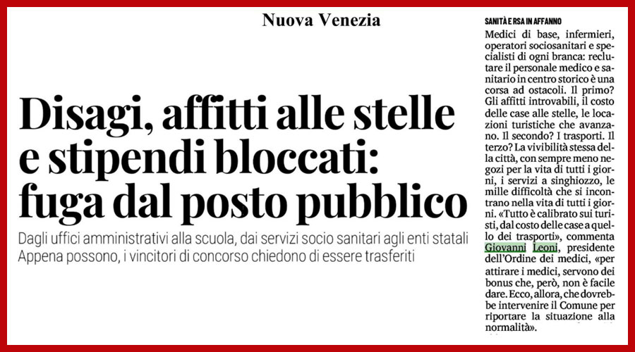 Clicca per accedere all'articolo Venezia, dipendenti in fuga. Leoni: «Per attirare medici servono bonus che non è facile dare»