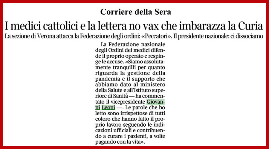 Clicca per accedere all'articolo Pandemia: medici cattolici di Verona contro la FNOMCeO. Leoni al CorSera: «Parole irrispettose»