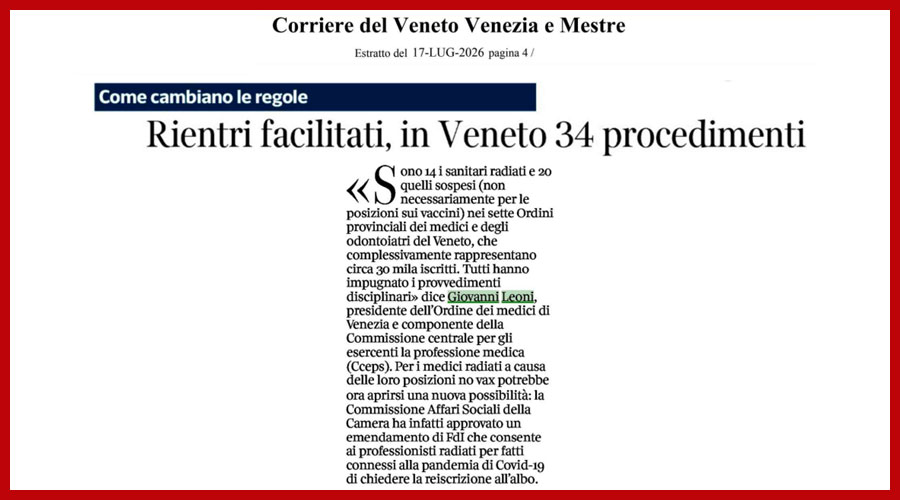 Clicca per accedere all'articolo Reintegro medici radiati, Leoni al CorVeneto: « Sono 34 i procedimenti nella nostra Regione»