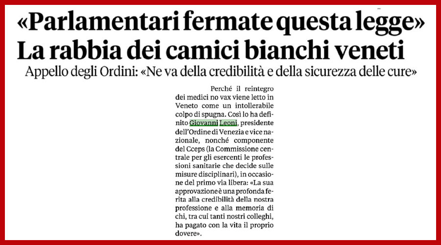 Clicca per accedere all'articolo Possibile reintegro dei medici no vax: gli Ordini veneti chiedono di fermare la norma