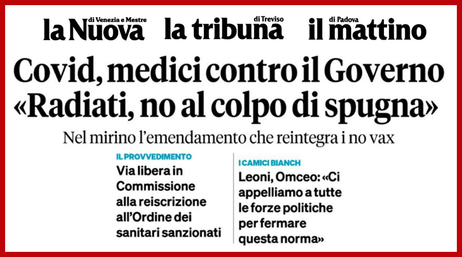 Clicca per accedere all'articolo Reintegro medici radiati: i quotidiani del Gruppo NEM rilanciano le parole del presidente Leoni