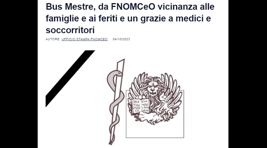 Clicca per accedere all'articolo Bus precipitato dal cavalcavia di Mestre, cordoglio FNOMCeO. «Grazie ai medici e ai soccorritori»