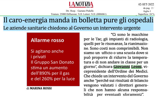 Clicca per accedere all'articolo Caro energia e impatto sulla sanità, Leoni su La Notizia