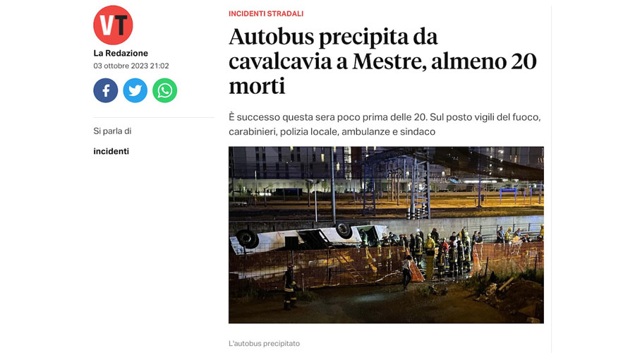 Clicca per accedere all'articolo Disastro del cavalcavia di Mestre, condoglianze alle famiglie delle vittime. Un profondo ringraziamento a tutti i soccorritori