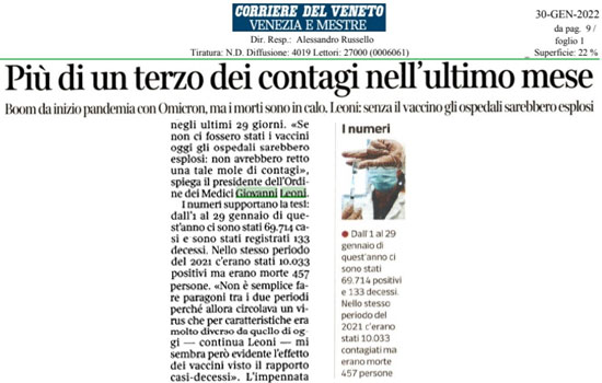Clicca per accedere all'articolo Boom di contagi nel veneziano, Leoni: «Senza il vaccino gli ospedali non avrebbero retto»