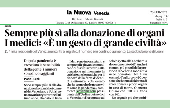 Clicca per accedere all'articolo Veneto capofila nei trapianti, Leoni: «Donazioni, gesto di grande civiltà»
