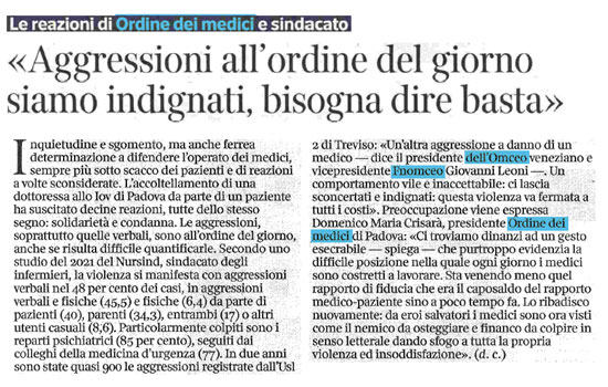 Clicca per accedere all'articolo Solidarietà alla dottoressa aggredita a Padova, la rassegna stampa