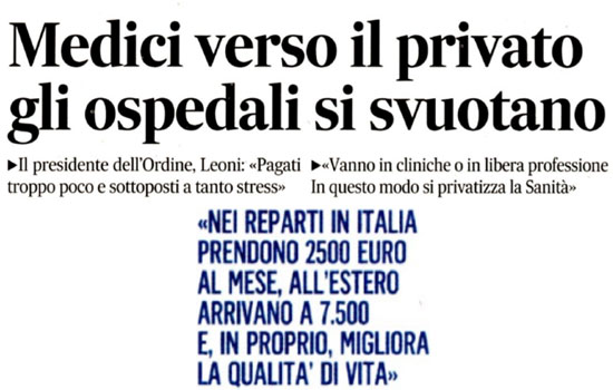 Clicca per accedere all'articolo Fuga dagli ospedali, Leoni: «Stipendi scarsi e troppo stress»