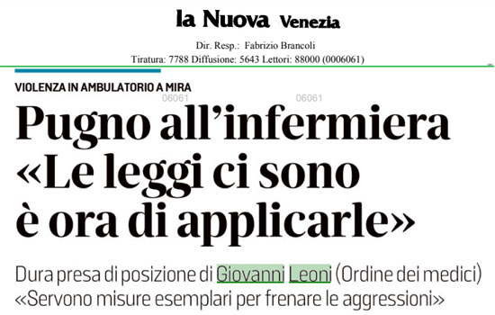 Clicca per accedere all'articolo Infermiera aggredita a Mira, Leoni: «La legge c'è, applichiamola»