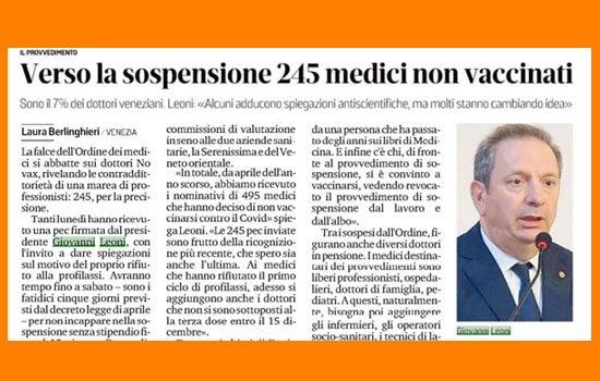 Clicca per accedere all'articolo Medici non vaccinati: 245 posizioni al vaglio dell'Ordine veneziano