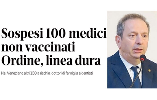 Clicca per accedere all'articolo A Venezia 100 medici sospesi e 130 a rischio perché non vaccinati