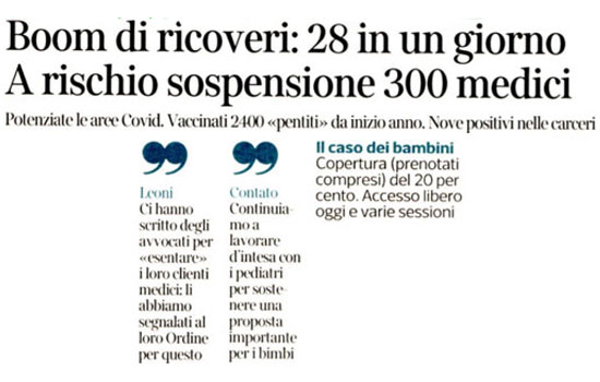 Clicca per accedere all'articolo Medici senza vaccino, al vaglio 300 posizioni. Leoni: «Non ci facciamo intimidire»