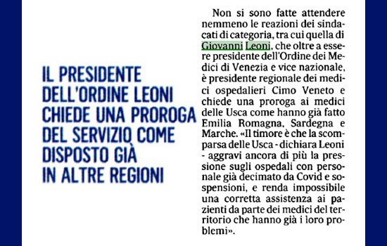 Clicca per accedere all'articolo Leoni al Gazzettino: «La Regione proroghi le USCA»