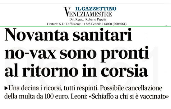 Clicca per accedere all'articolo Reintegro sanitari sospesi e mascherine negli ospedali: Leoni sul Gazzettino