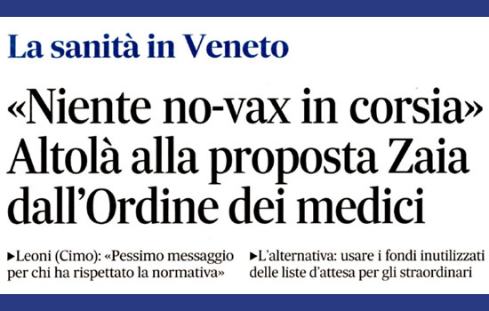 Clicca per accedere all'articolo Reintegro medici sospesi, no di Leoni alla proposta Zaia: «Un pessimo messaggio»