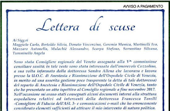 Clicca per accedere all'articolo Costi gonfiati per prestazioni inappropriate: le scuse dell'ex consigliera Bartelle