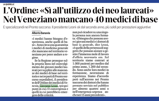 Clicca per accedere all'articolo Giovani medici in prima linea, Leoni: «Sì, ma a precise condizioni»