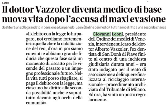 Clicca per accedere all'articolo Caso Vazzoler, Leoni: «Ha pagato il suo debito, per lui occasione di riscatto»